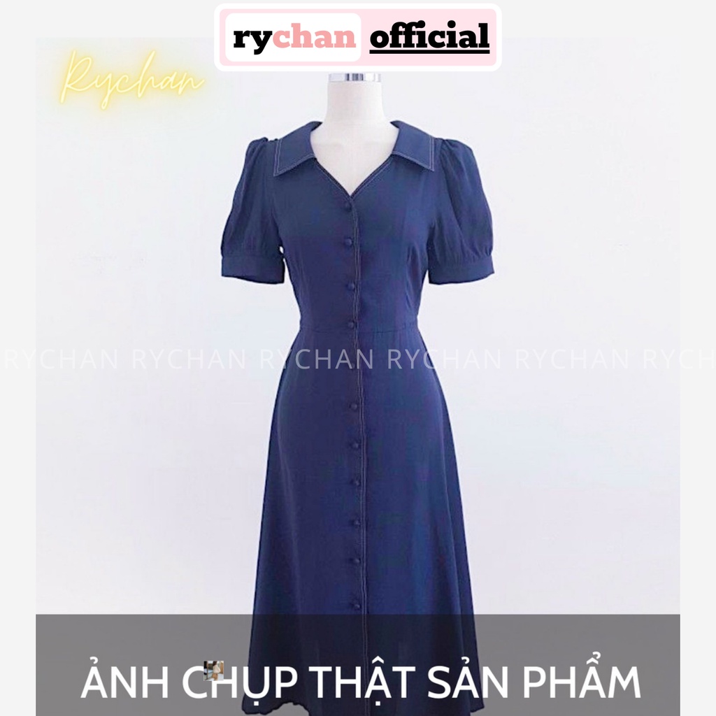 Đầm Xòe Sơ Mi Xanh Đen Cổ V, Đầm Đơn Giản, Đầm Công Sở Tối Giản - DX0140