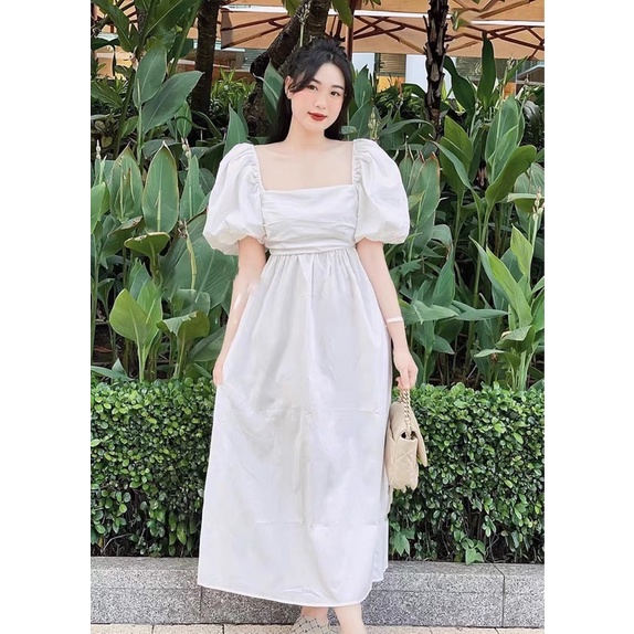 Váy đầm maxi đi du lịch tay bồng vải thô màu trắng