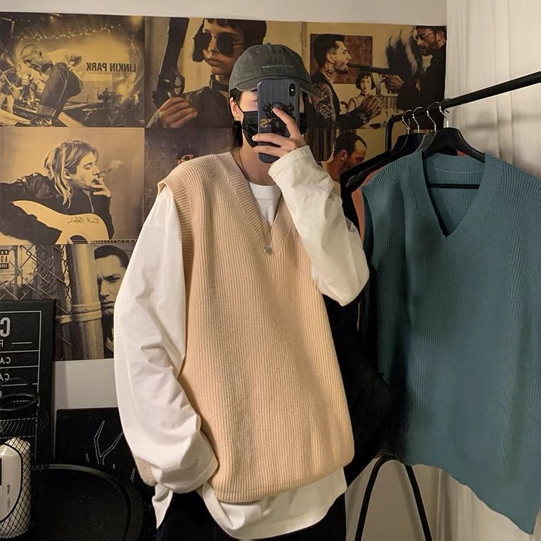 Áo Sweater Dệt Kim Không Tay Cổ Chữ V Dáng Rộng Màu Trơn Thời Trang Mùa Thu Dành Cho Nam