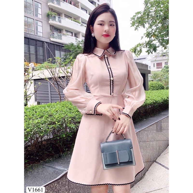 ⚡️BÁN SỈ⚡️Đầm thiết kế màu hồng pastel chạy viền đen