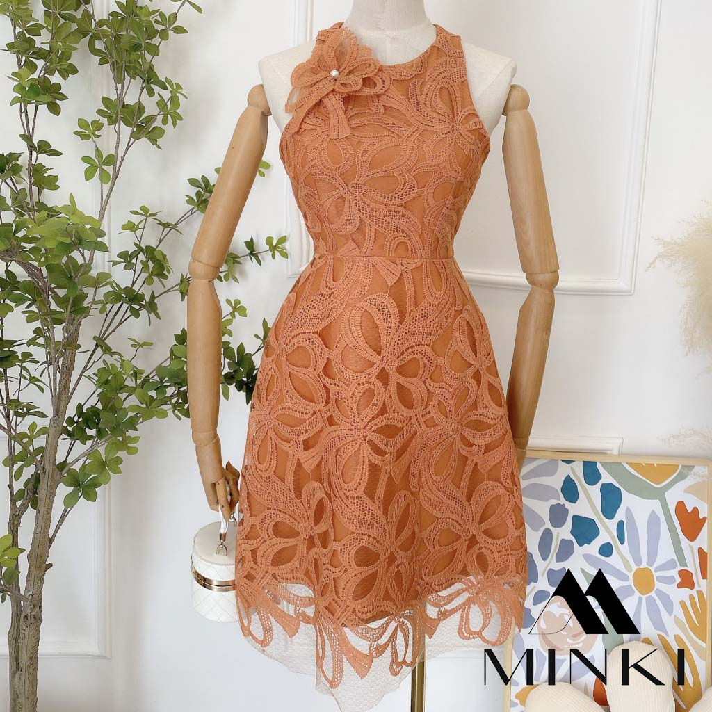 ĐẦM REN SÁT NÁCH KÈM HOA 4 MÀU - CHẤT REN CAO CẤP - MÀU CAM /  TRẮNG / ĐEN / NUDE