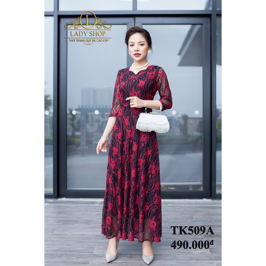 Thời trang trung niên - Đầm quý bà cao cấp - Ladyshop - Đầm maxi ren hoa cổ hoa TK509