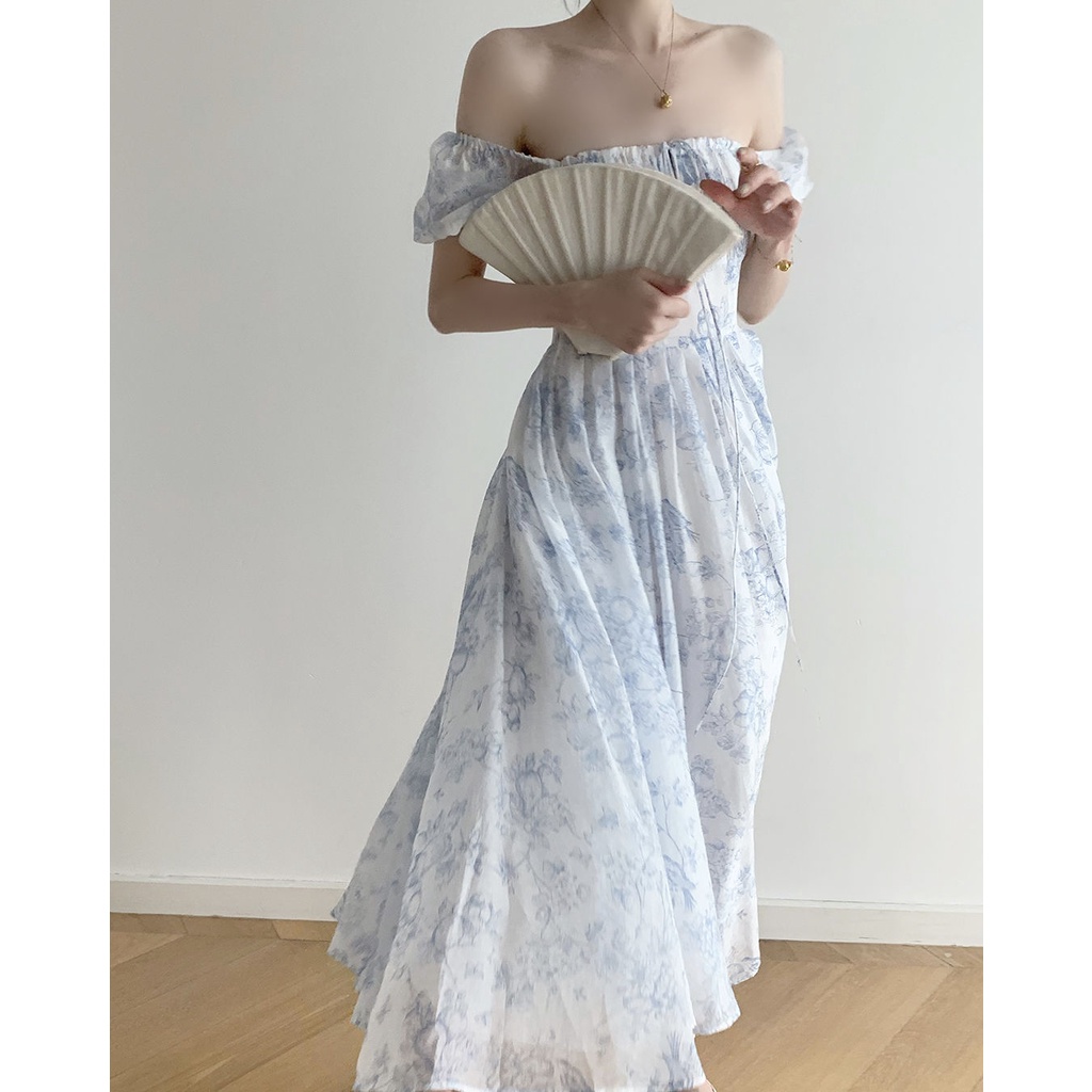 Váy maxi voan hoạ tiết hoa hở vai tay phồng gợi cảm phong cách cổ tích Hàn Quốc thích hợp mặc mùa hè cho nữ