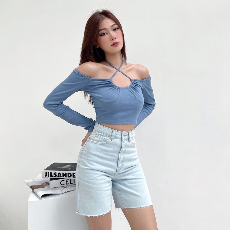 Áo croptop nữ tay dài khoen ngực TOPTIFY kiểu bẹt vai viền ngực Layla Top AC239