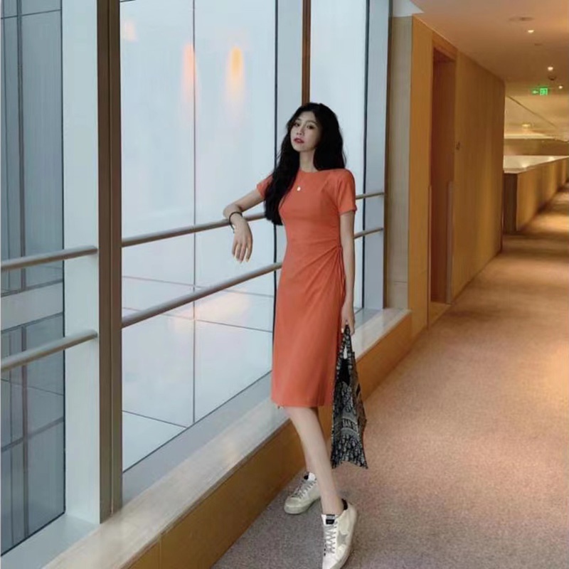 AOFEIQIKE Đầm ngắn tay màu trơn cổ tròn chiết eo phong cách hè 2021 cho nữ