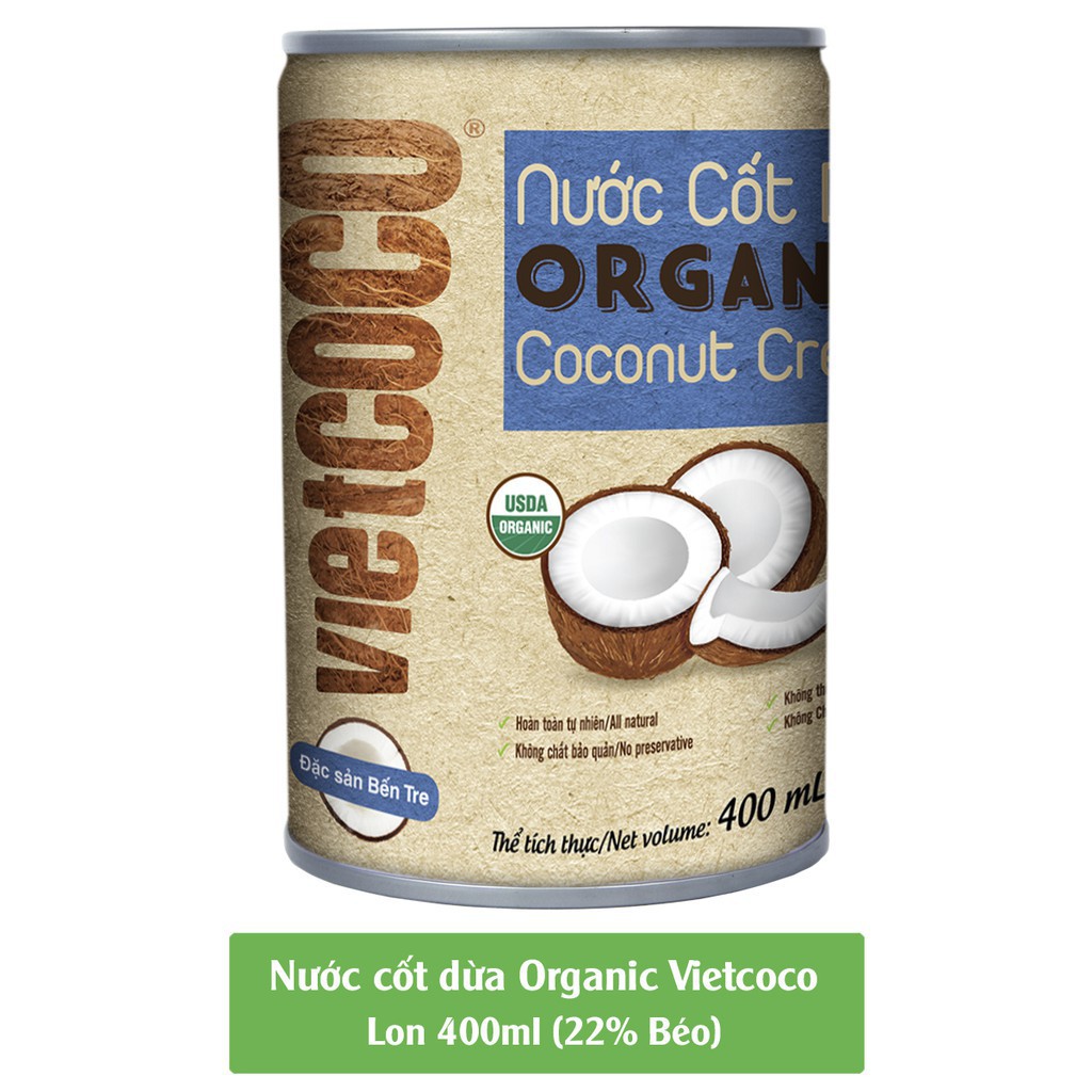 [Lon 400ml] Nước Cốt Dừa Organic VietCoco Độ Béo 22%