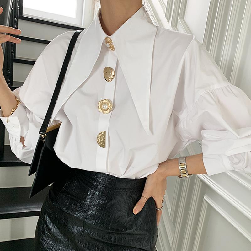 Áo kiểu tay phồng dáng rộng đính nút cổ bẻ phong cách Hàn Quốc thời trang mùa xuân thanh lịch cho nữ