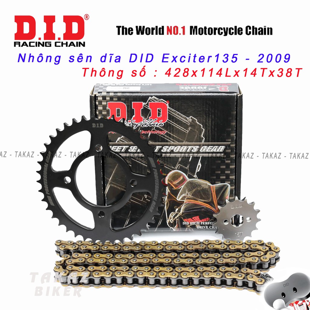 B2 [ Exciter 135 2009 Vàng ] Sên nhông dĩa DID Exciter 135 (2009-20010) - Sên Vàng HDS 10 ly Thái Lan 100%