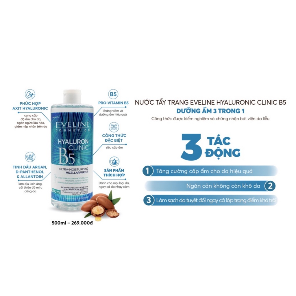Nước Tẩy Trang Eveline Hyaluron Clinic B5 Và Tinh Chất Rau Má Làm Dịu, Dưỡng Ẩm Và Phục Hồi Da 500ML