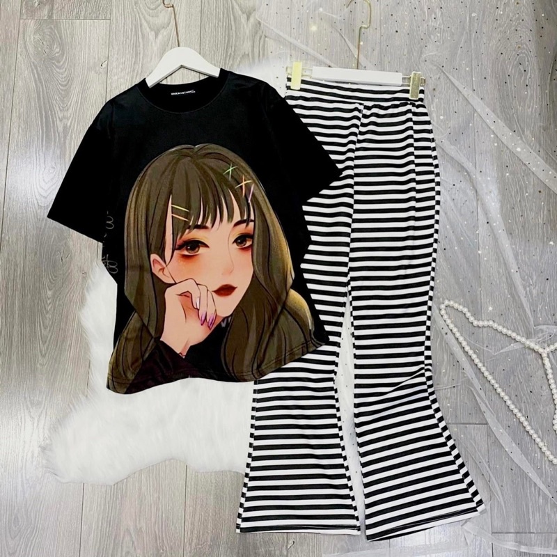 Set áo thun form rộng tay lửng, quần ống loe trơn,sọc form legging cực tôn dáng - clothingforgirl