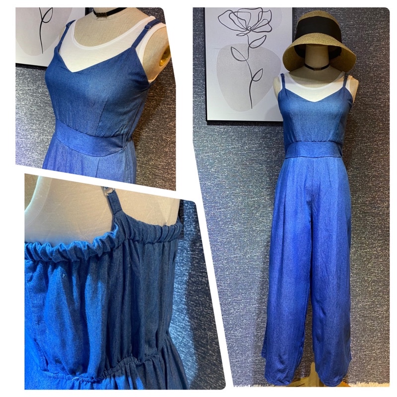 JUMPSUIT dây, ống suông dài, màu xanh jean