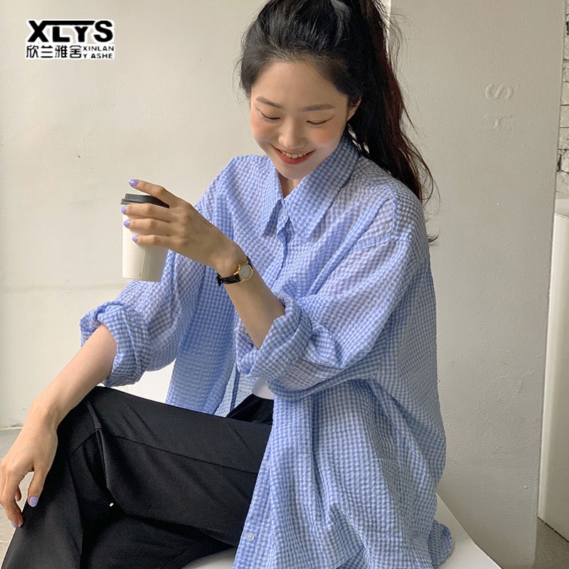 Áo sơ mi cardigan Xinlanyashe cotton kẻ sọc caro tay phồng thời trang cho nữ