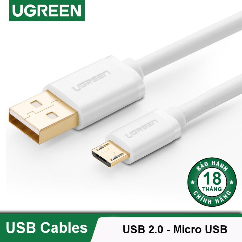 Cáp sạc micro USB Mạ Vàng Chính Hãng UGREEN 10851 Cao Cấp US125 (dài 3met màu trắng)