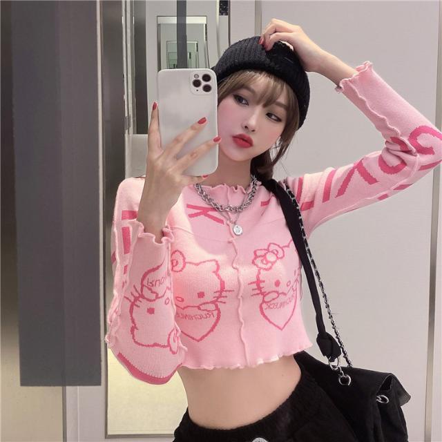 Jiashucheng Áo Sweater Dáng Ôm Ngắn Màu Hồng Phong Cách Hoạt Hình Dễ Thương Thời Trang Mùa Đông Cho Nữ