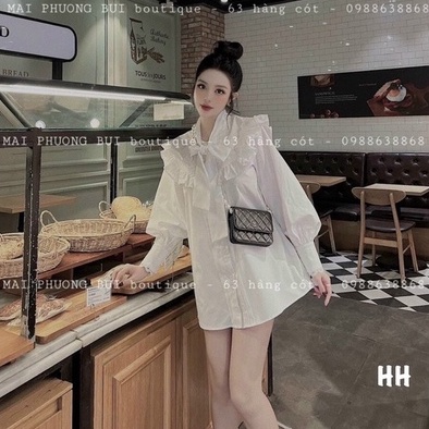 Áo sơ mi cổ thắt nơ tay phồng dáng rộng, Áo kiểu thiết kế viền bèo SM8088- NhiNhi Shop