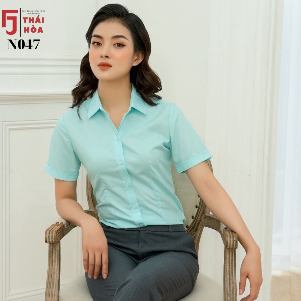 Áo sơ mi nữ tay ngắn công sở bigsize đẹp kiểu xanh cotton Thái Hoà N047-04-01