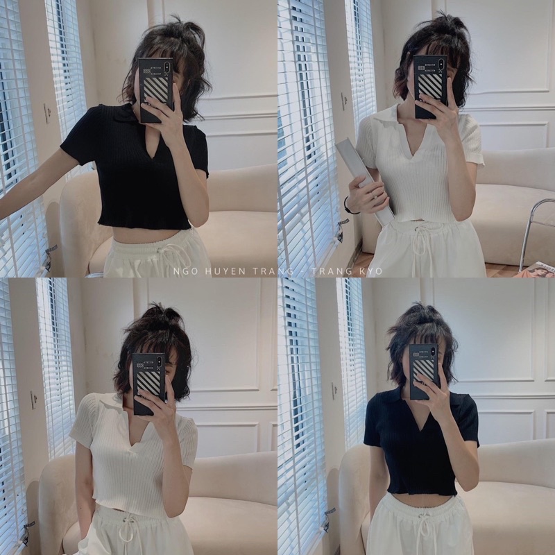 Áo len mongtoghi trơn cổ v bẻ dáng croptop