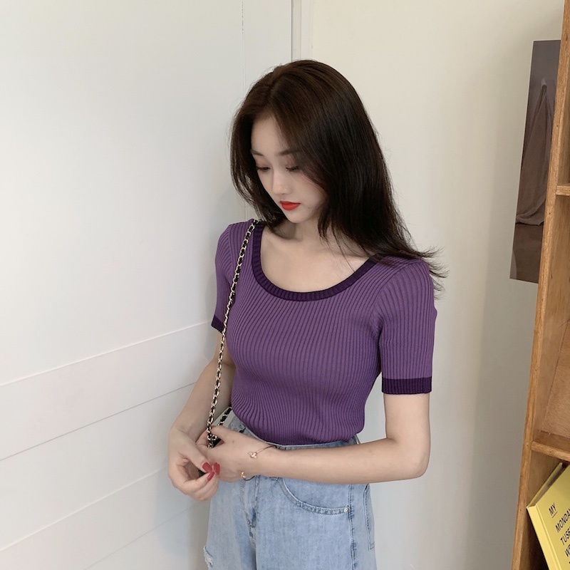 Porozi  Áo thun crop top  tay ngắn cổ vuông eo cao 4 màu lựa chọn phong cách Hàn Quốc cho nữ