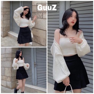 Set 3 món áo 2 dây kèm chân váy xếp ly cạp cao và áo khoác cardigan tay bồng GuuZ