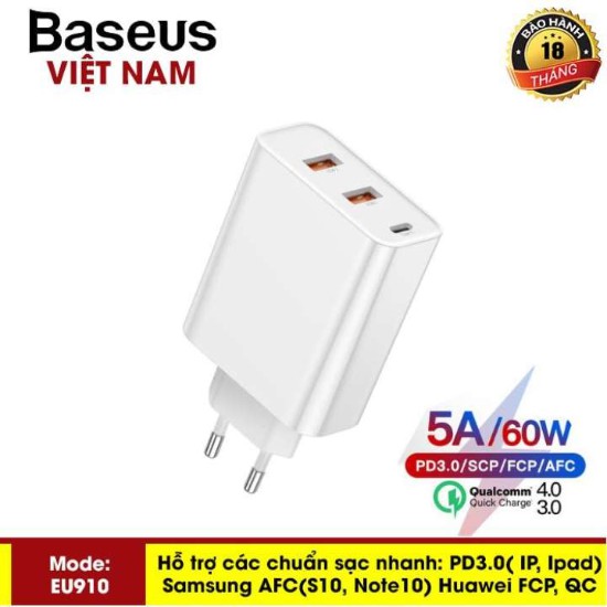 Củ sạc siêu nhanh Baseus ( EU910 ) công xuất 60W Sạc Nhanh Quick Charge 4.0 3.0 2 cổng USB Đa Năng Sạc Cho iPhone Xiaomi