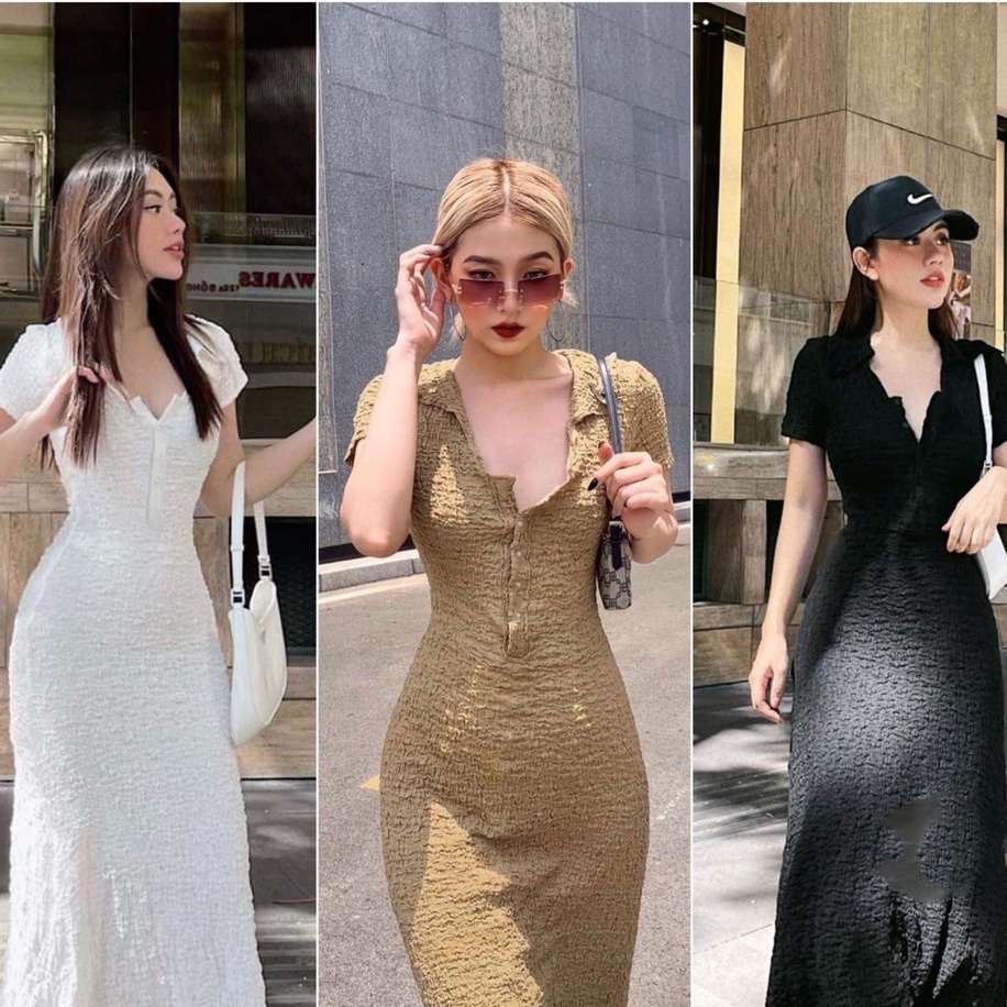 Váy body sun dáng dài khuy ngực co giãn 4 chiều ôm sát body quyến rũ