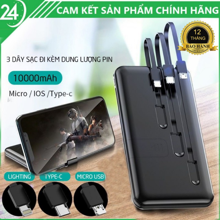 Sạc Dự Phòng Tích Hợp 3 Dây Sạc Tối Đa 4 Cổng Ra - Pin 10,000mAh, Lõi Pin Li-Polymer Siêu Bền