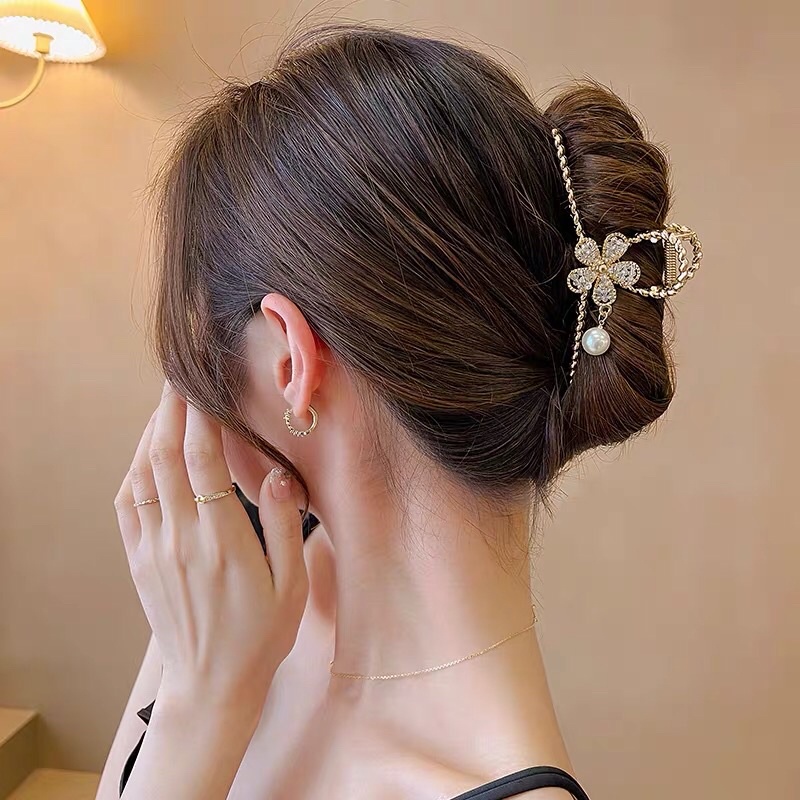 Kẹp Tóc Càng Cua Kim Loại Hàn Quốc Phối Hoa Mai Pha Lê Đính Hạt Ngọc Siêu Đẹp Mainia Shop
