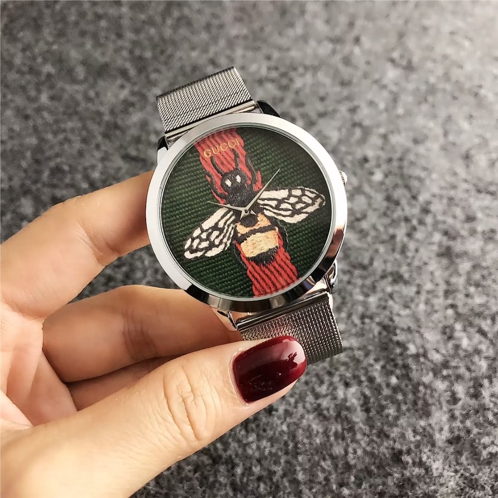 Đồng hồ đôi Mặt Tròn Họa Tiết Gucci Dây Da Thép Không Gỉ Thời Trang Cho Nam Và Nữ