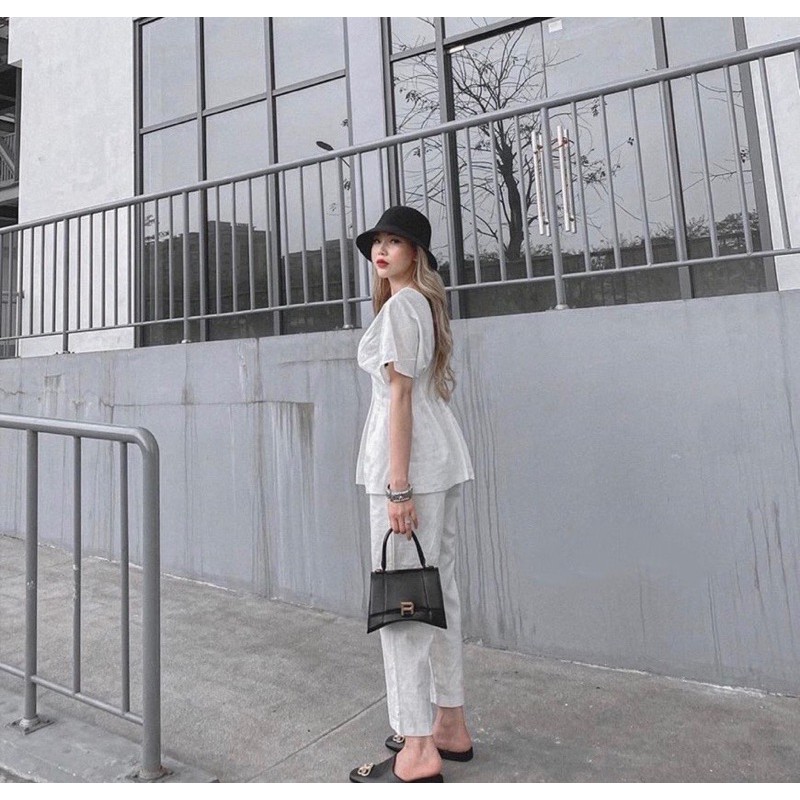 Set áo peplum cổ V kèm quần suông linen