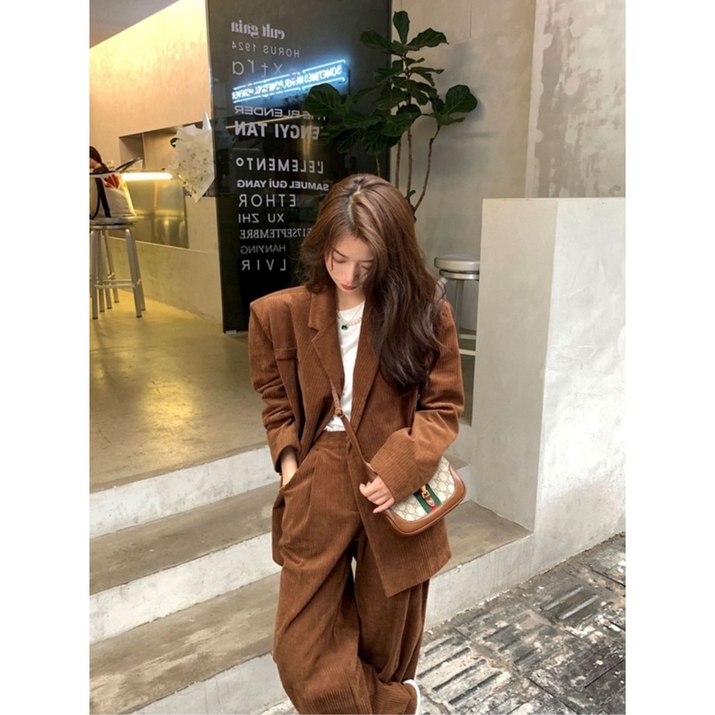 Bộ Áo Khoác Blazer + Quần Dài Lưng Cao Ống Rộng Thời Trang Retro Cao Cấp Cho Nữ