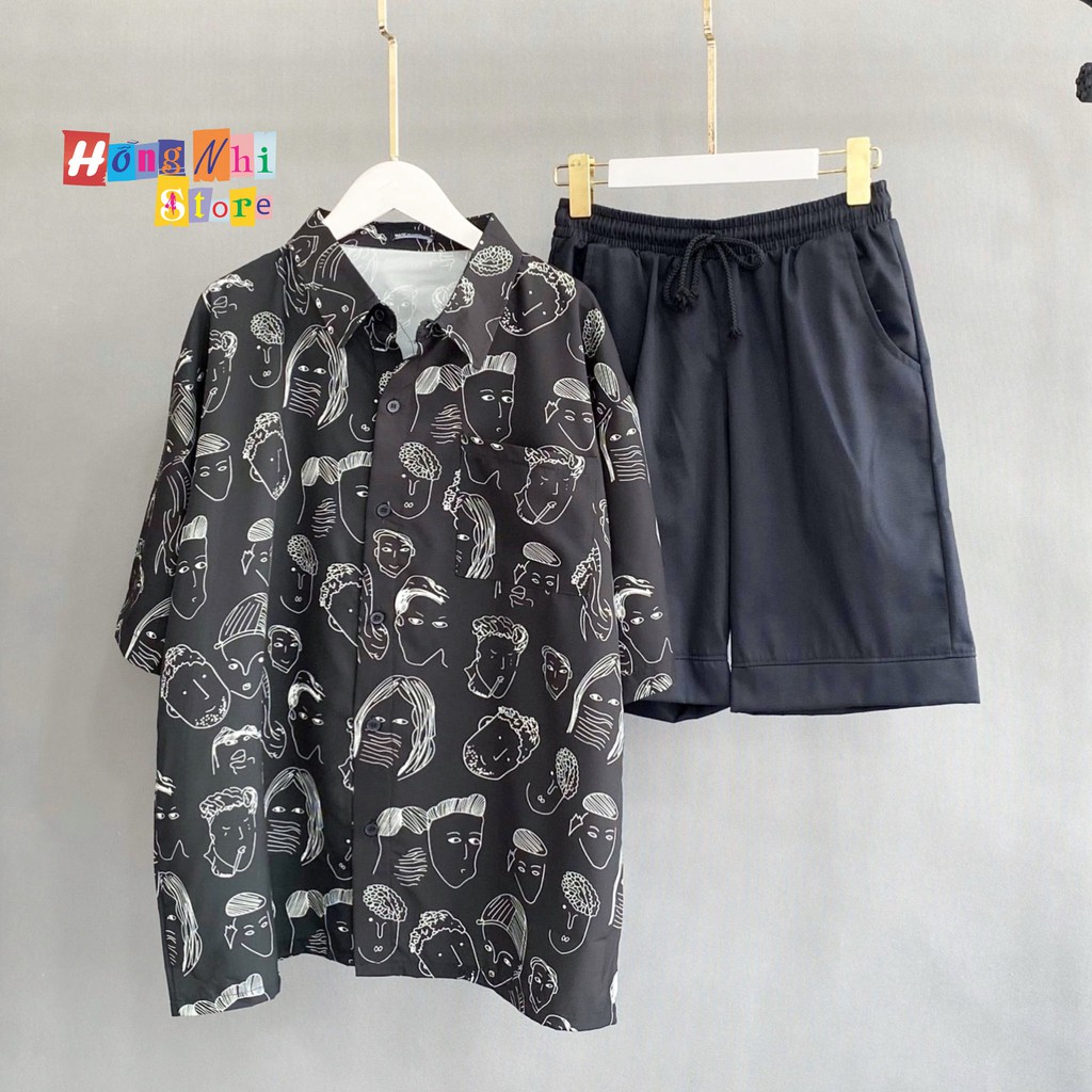 Set Áo Sơ Mi Hoạ Tiết Phối Quần Short Kaki Dáng Rộng Unisex - MM