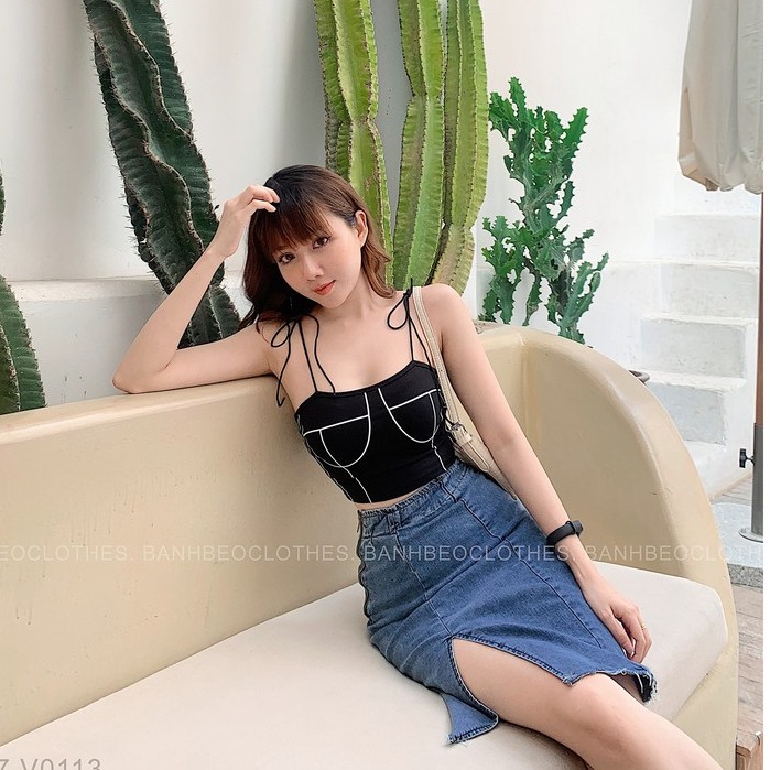 Váy jean lửng xẻ đùi