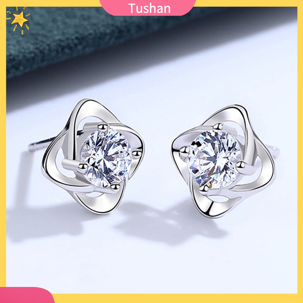 Khuyên tai hình lá 4 cánh khảm kim cương giả quà tặng cho lễ Valentine