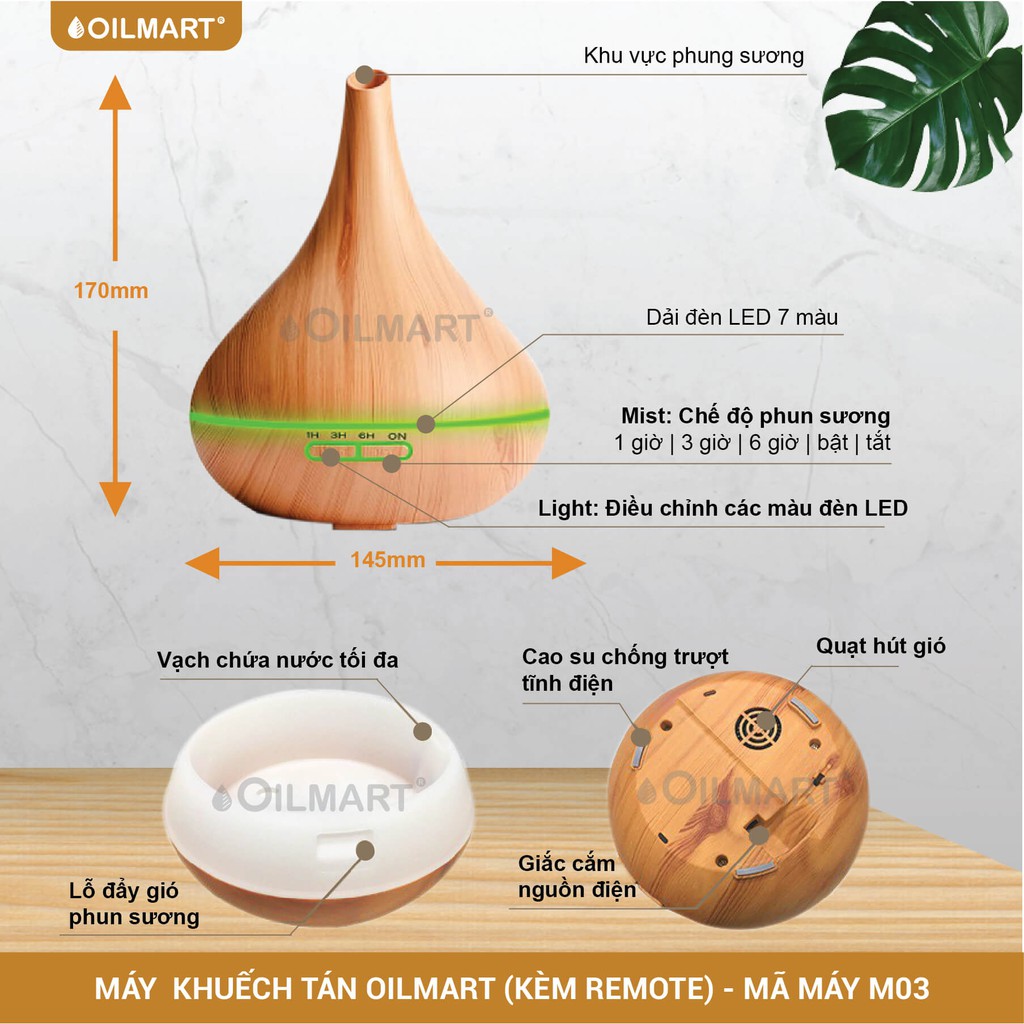 Máy Phun Sương Tinh Dầu Oilmart Bầu Rượu - 14W 400ml (Kèm Điều Khiển)