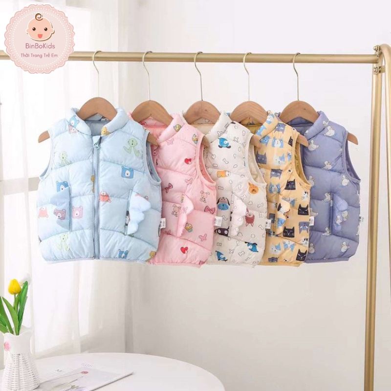 Áo gile phao cho bé BINBO KIDS áo gile cho bé trai bé gái màu vintage họa tiết túi cánh tiên cách điệu rất dễ thương