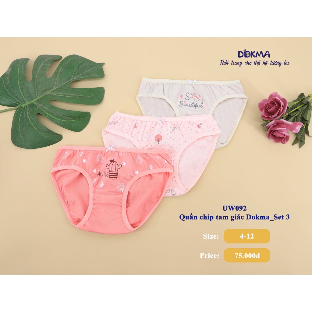 UW092 Set 3 quần chip tam giác viền Dokma cho bé gái (2-12T)