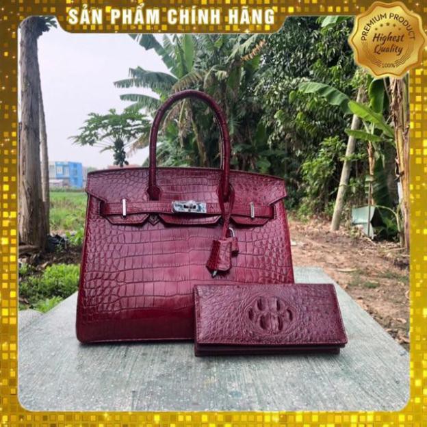 Thẻ BH 12 Tháng - ComBo Túi + Ví 2 Gấp Da Cá Sấu Trơn Màu Đỏ Đô - Cá Sấu BinBon . Hàng Cao Cấp, xịn, Rẻ, Đẹp