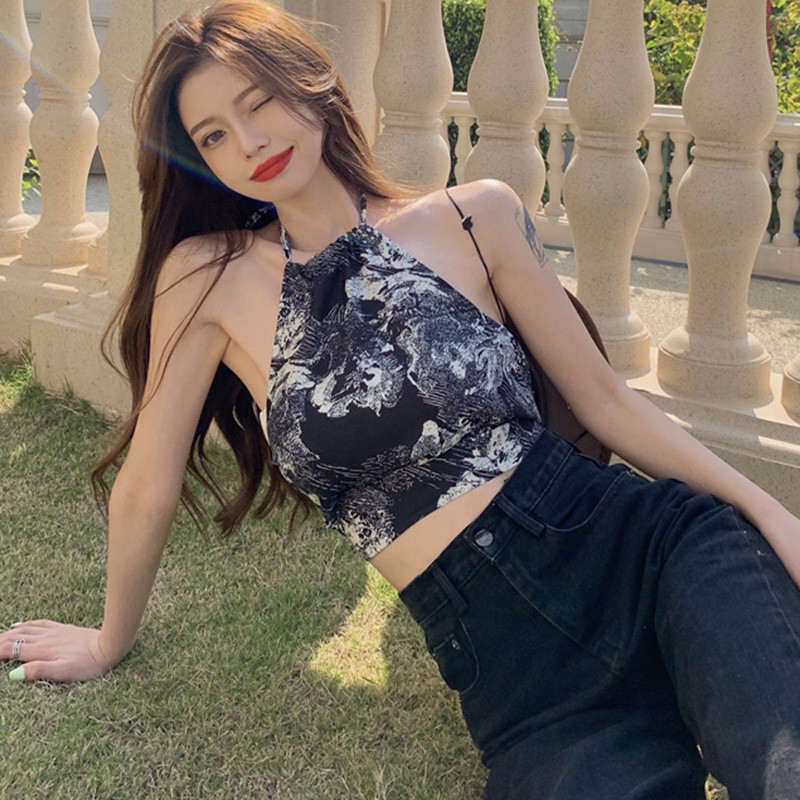 Áo croptop không tay hoạ tiết in phong cách cổ điển hợp thời trang