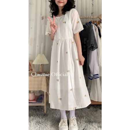 Váy babydoll trắng hoa cúc thắt dây eo 2 mẫu / Đầm suông hoa nhí cộc tay (Ảnh thật ở cuối) | BigBuy360 - bigbuy360.vn