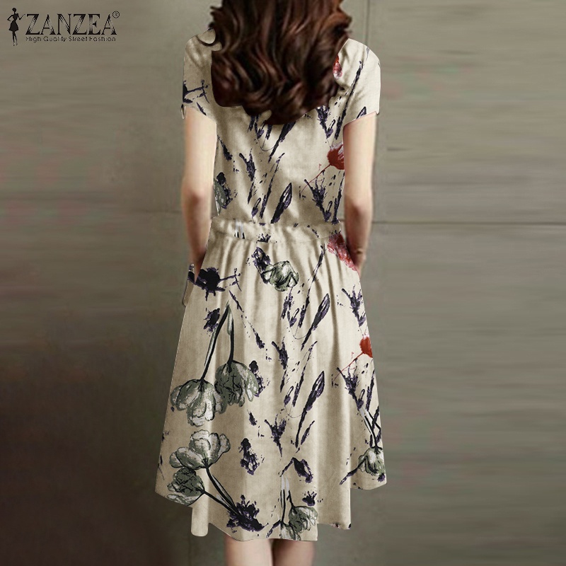 Đầm Zanzea tay ngắn cổ tròn in họa tiết hoa phong cách cổ điển dành cho nữ