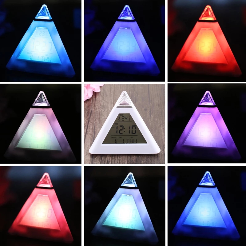 Đồng hồ báo thức hình kim tự tháp có đèn LED 7 màu tuỳ chọn