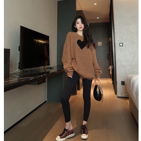 Áo len nữ KUMIKUMI tay dài dáng rộng họa tiết trái tim phong cách retro Hàn Quốc