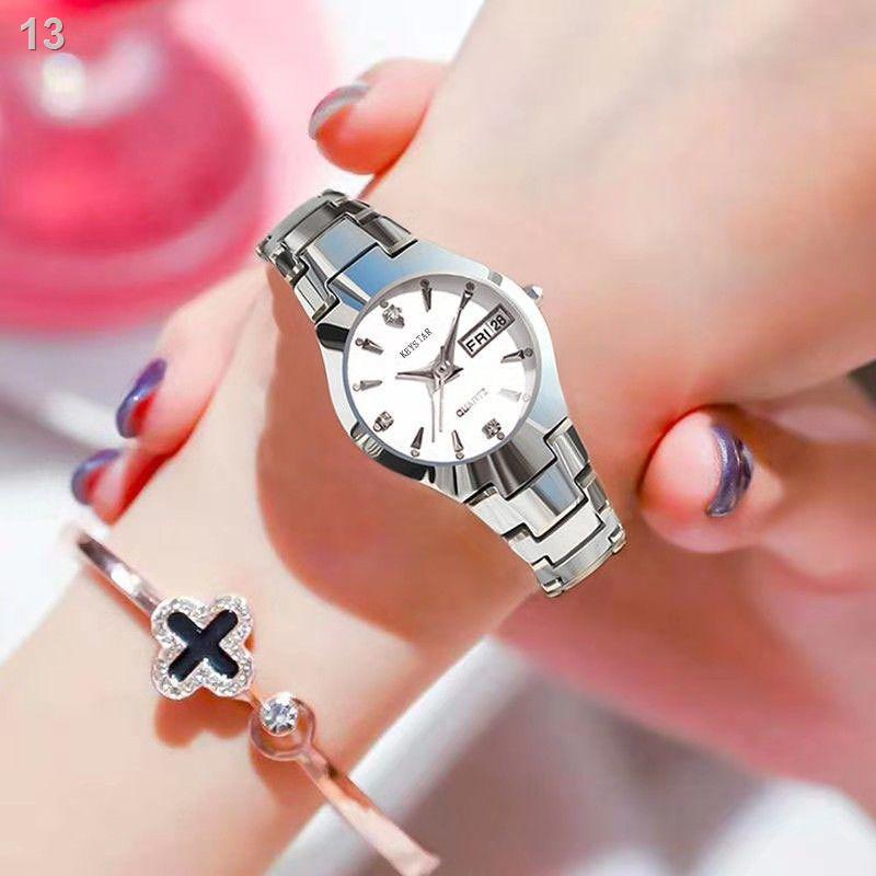 2021♤Thép vonfram cơ khí tự động chính hãng mới của Thụy Sĩ Phiên bản Hàn Quốc đồng hồ nữ lịch kép phát sáng không thấm