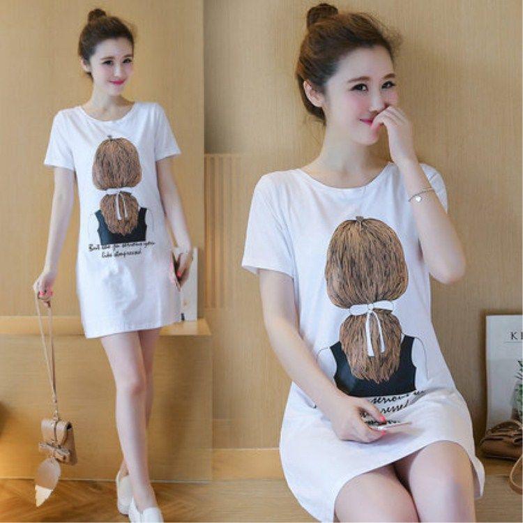 Đầm Thun Dáng Dài Tay Ngắn Màu Trắng Dễ Thương