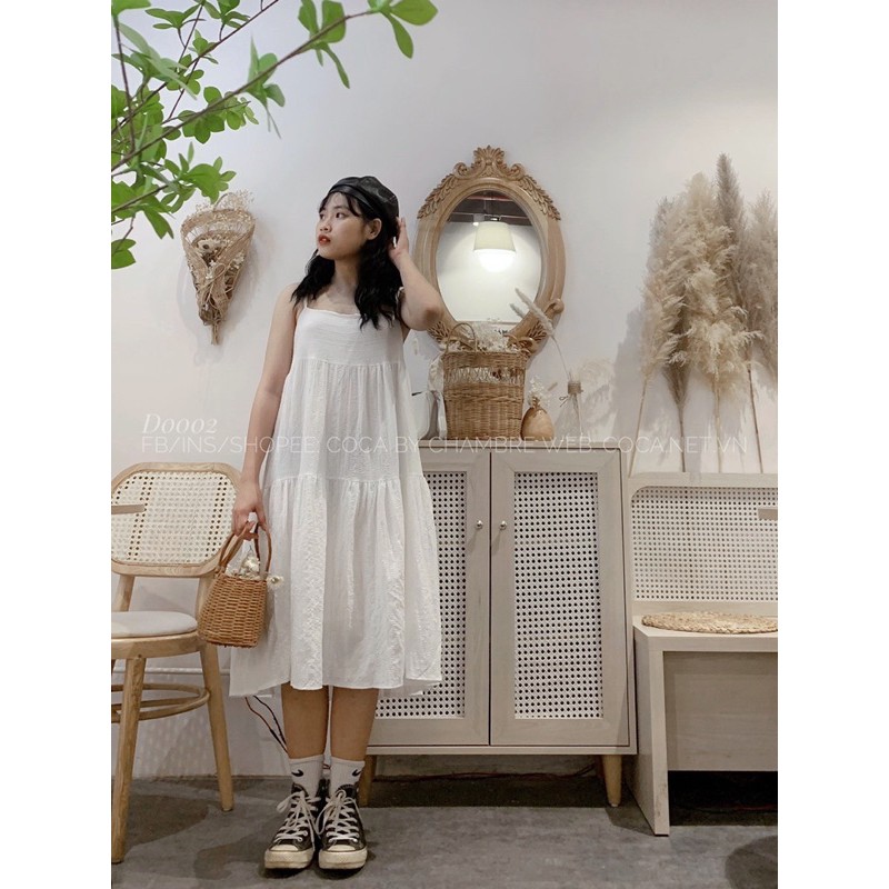 [D0002]🌧 Đầm váy dài hai dây nhún tầng vải xốp phong cách Hàn Quốc (Có sẵn/ảnh thật)