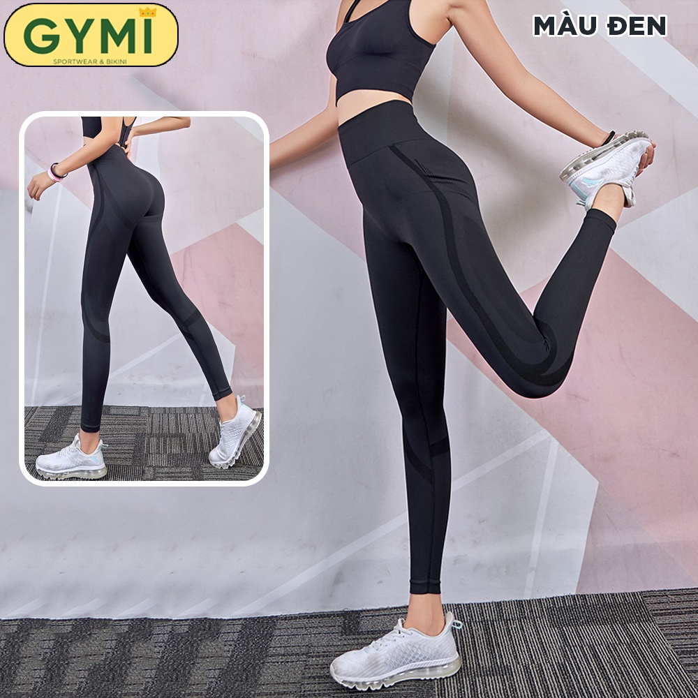 Quần tập gym nữ GYMI QD14 dáng legging chất dệt kim co giãn cạp cao nâng mông thể thao kèm hoạ tiết vân chìm