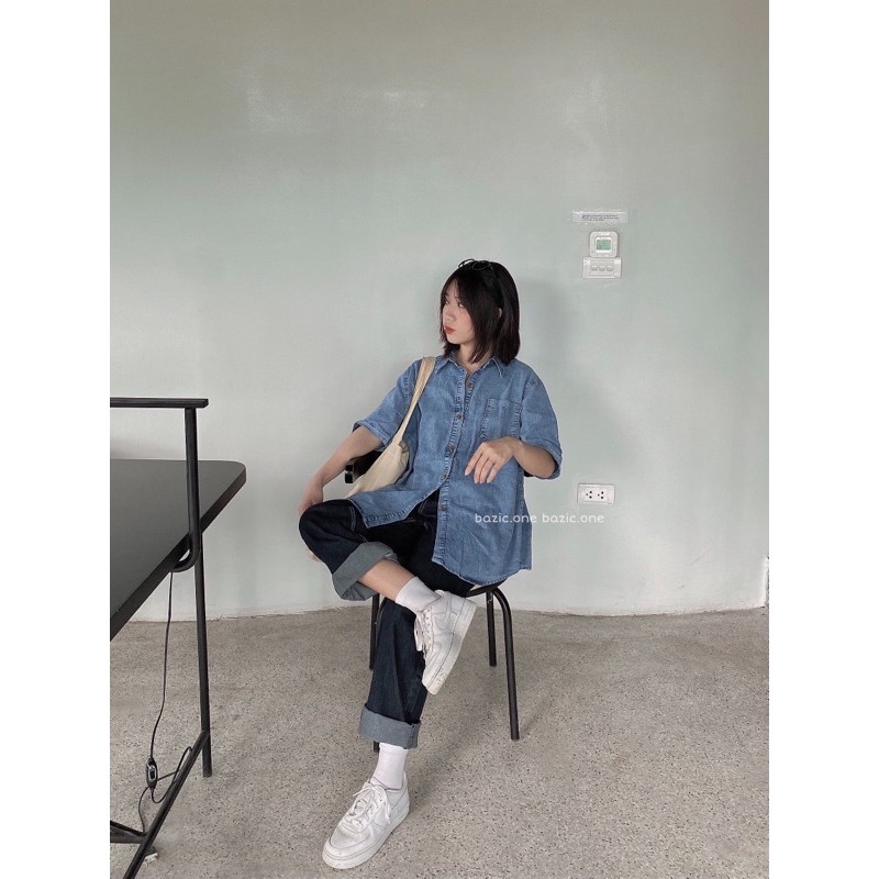 Áo sơ mi denim 1 túi, sơ mi bò cộc tay 1 túi Bazic one | BigBuy360 - bigbuy360.vn