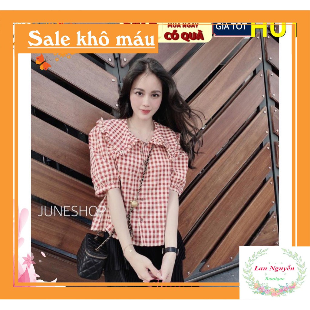 BÁN SỈ ÁO SƠ MI KẺ ĐỎ CỔ BÈO CHO NỮ