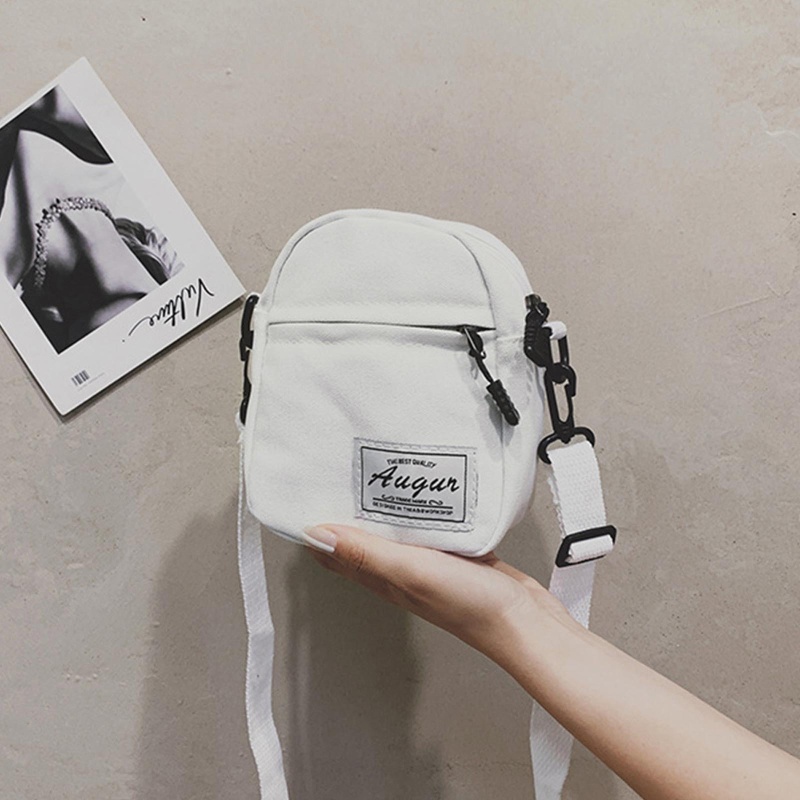 Túi đeo chéo mini bằng vải canvas màu trơn có khóa kéo thời trang dành cho nữ