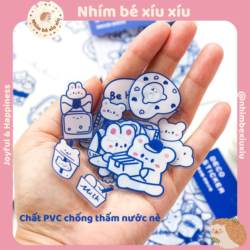 Set 40 sticker viền xanh THỎ TAI HỒNG chống thấm nước Deco Sticker Mr.Paper VT363